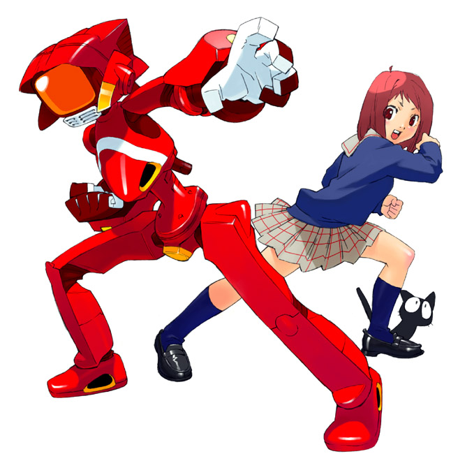 jinroku, takkun, canti, samejima mamimi, takkun (flcl), flcl, 00s, 1girl, blush, cat, clenched hand, fighting stance, humanoid robot, open mouth, plaid clothes, plaid skirt, red eyes, red hair, robot, school uniform, serafuku, short hair, skirt, socks