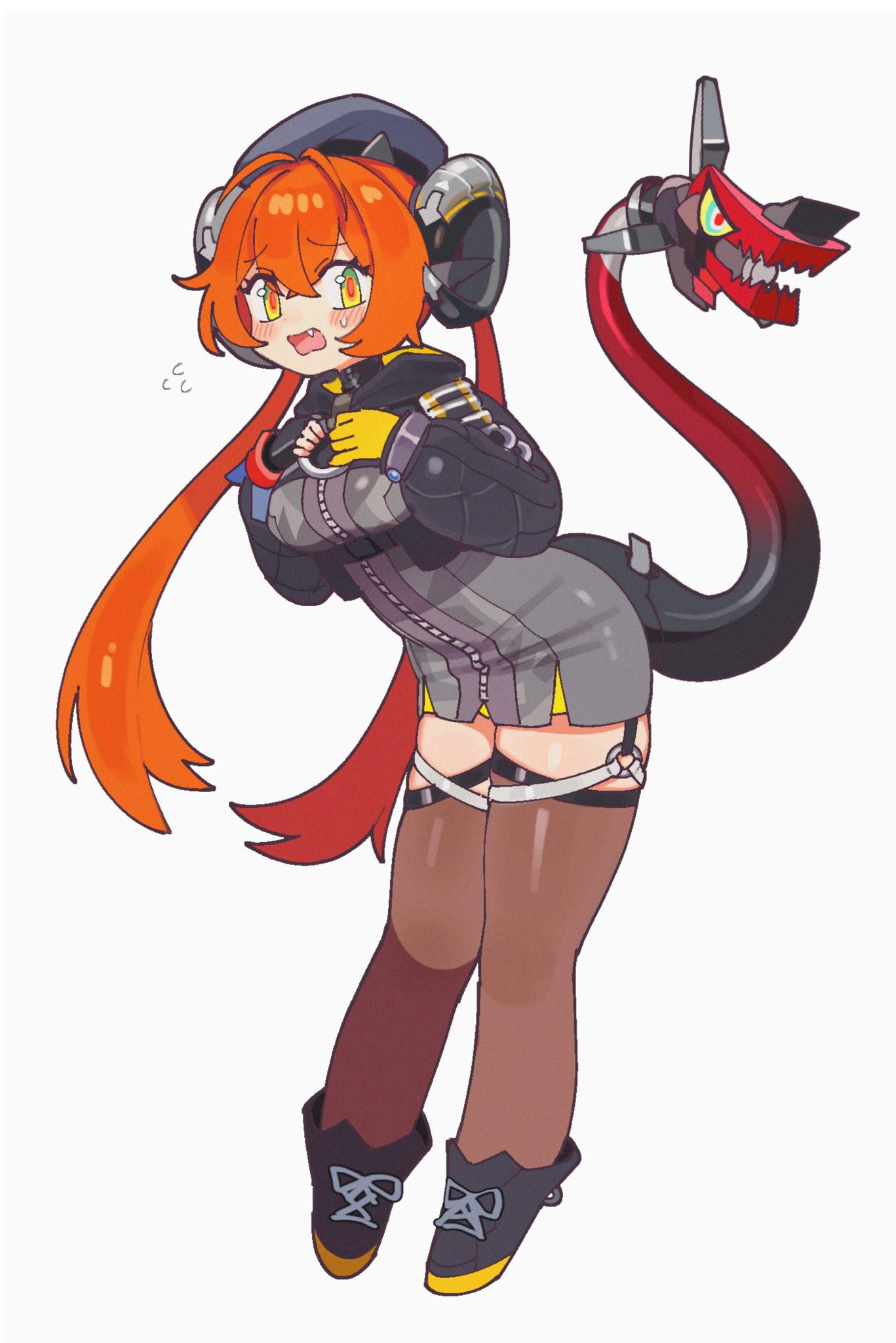 batrobin k, magus (zenless zone zero), orphie magnusson, zenless zone zero, highres, 1girl, 1other, blush, breasts, chibi, demon horns, dress, green eyes, gun, hood, hoodie, horns, large breasts, long hair, looking at viewer, open mouth, orange hair, shy, simple background, tail, thigh strap, thighhighs, thighs, twintails, weapon, white background, zipper dress