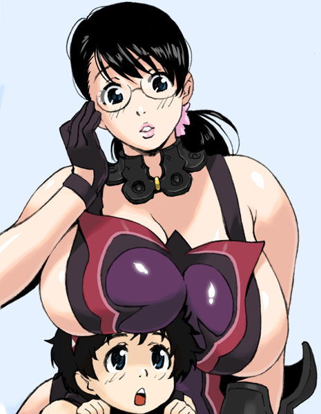 jinroku, cattleya (queen's blade), rana (queen's blade), weapon merchant cattleya, queen's blade, 00s, 1boy, 1girl, :o, age difference, black hair, blue eyes, blush, breast press, breast rest, breasts, breasts on head, choker, cleavage, femdom, glasses, gloves, hairband, huge breasts, lipstick, long hair, makeup, mature female, mother and son, no bra, open mouth, ponytail, short hair, sideboob, simple background
