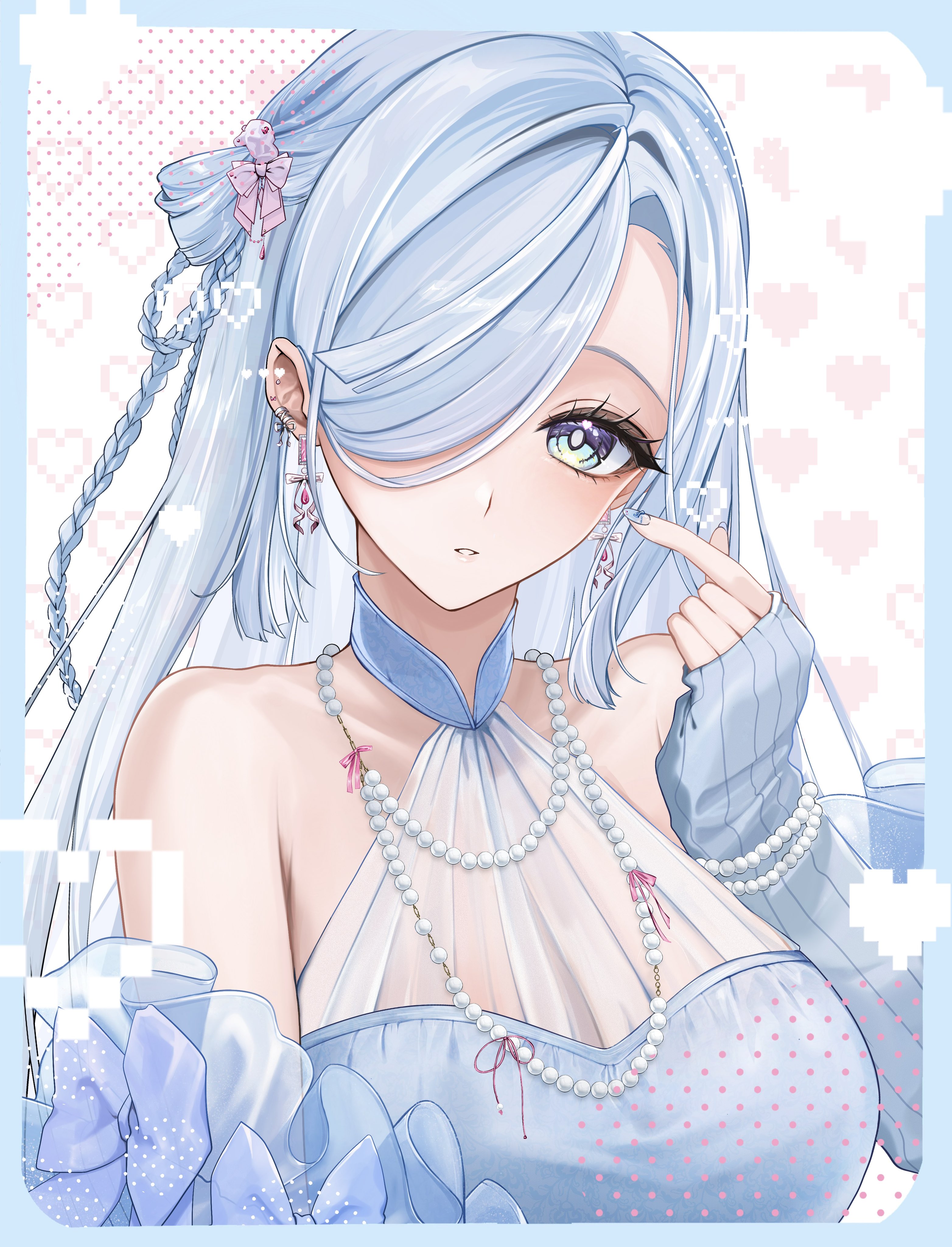 arano (waikuni11), shenhe (genshin impact), genshin impact, absurdres, commentary, highres, 1girl, alternate costume, bare shoulders, bead necklace, beads, blue border, blue eyes, border, braid, breasts, earrings, grey hair, hair over one eye, hand up, heart, heart background, jewelry, large breasts, long hair, long sleeves, looking at viewer, necklace, parted lips, sleeves past wrists, solo