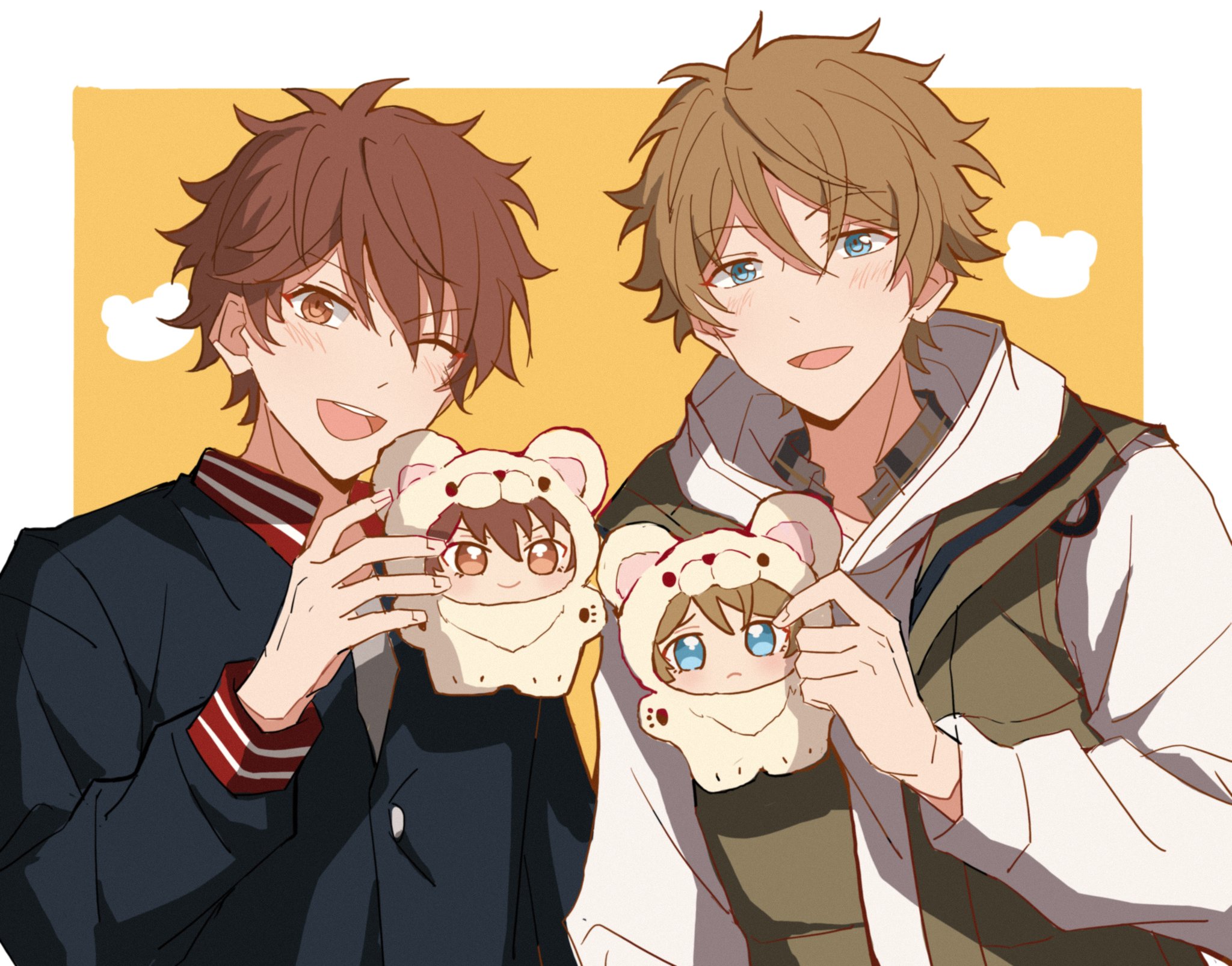 llmtmllmt, morisawa chiaki, takamine midori, ensemble stars!, commentary, highres, 2boys, animal ears, aqua eyes, bear ears, brown eyes, brown hair, character doll, closed mouth, doll, fingernails, hand up, holding, holding stuffed toy, hood, hood down, hoodie, jacket, long sleeves, looking at viewer, male focus, multiple boys, one eye closed, open mouth, short hair, smile, stuffed toy, teeth, upper body, upper teeth only, white hoodie