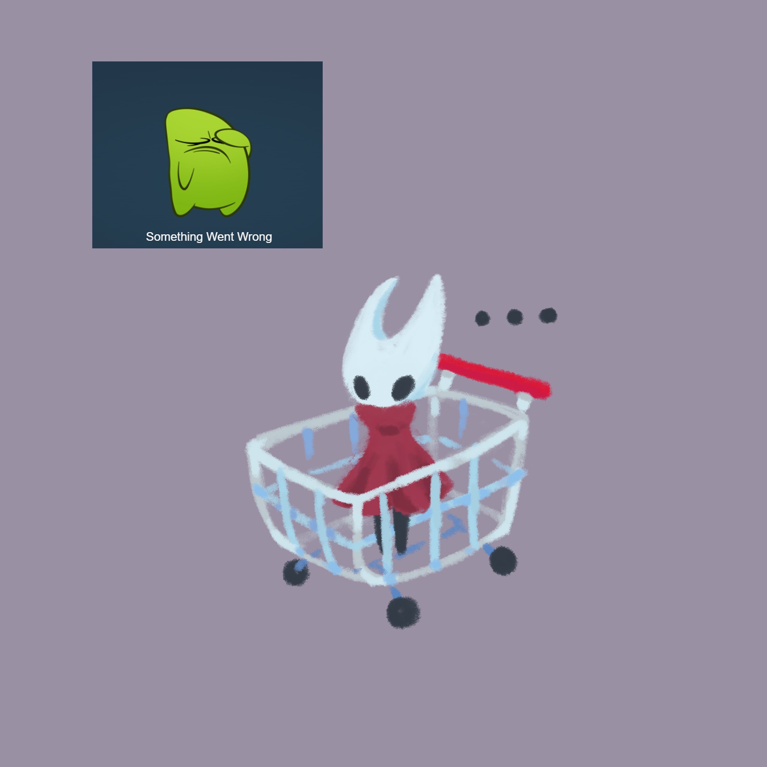 naraicat, hornet (hollow knight), hollow knight, hollow knight: silksong, steam (platform), absurdres, commentary, english commentary, highres, …, 1girl, arthropod girl, black eyes, black skin, cloak, colored skin, full body, hollow eyes, horns, pink background, red cloak, shopping cart, simple background, standing, steamfacepalm