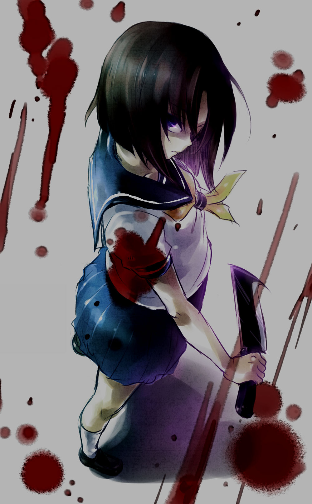usa (artist), usaki (ama), ryuuguu rena, higurashi no naku koro ni, highres, 00s, 1girl, billhook, blood, blue eyes, female focus, hashitsuki nata, hatchet, nata (tool), school uniform, serafuku, short hair, solo