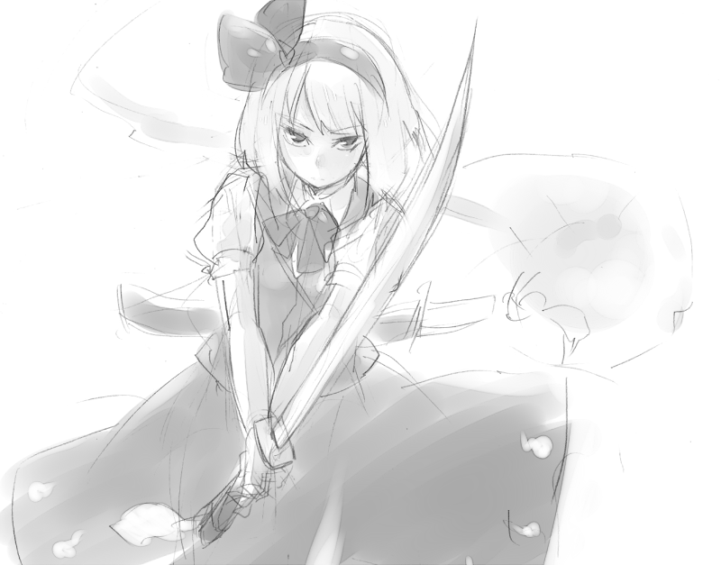 usa (artist), usaki (ama), konpaku youmu, konpaku youmu (ghost), touhou, 1girl, female focus, greyscale, hitodama, katana, monochrome, ribbon, sketch, solo, sword, weapon