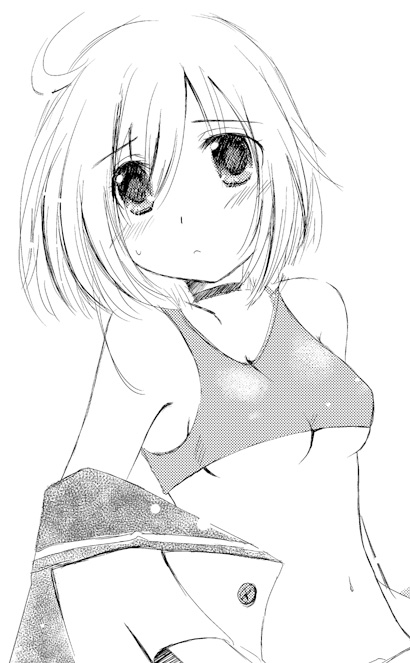 minyo, medic (sekaiju), medic 2 (sekaiju), atlus, etrian odyssey, 1girl, breasts, choker, covered erect nipples, female focus, greyscale, monochrome, navel, school uniform, serafuku, short hair, small breasts, solo, underboob, undressing