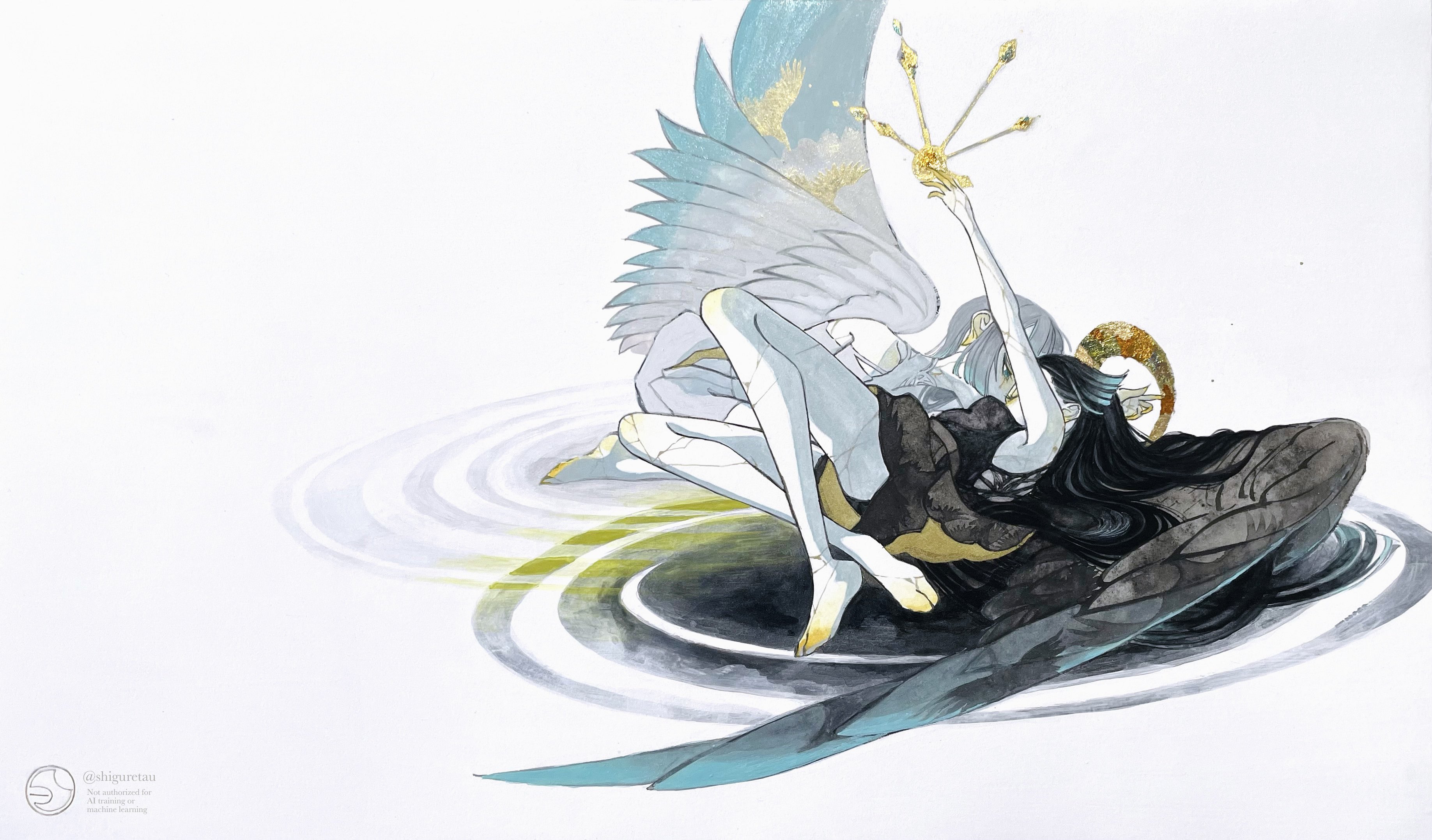 shiguretau, original, absurdres, highres, 2girls, angel, angel wings, aqua eyes, arm up, bare legs, barefoot, black hair, black wings, closed eyes, crown, eyeshadow, full body, grey hair, halo, long hair, lying, makeup, multiple girls, narrowed eyes, on back, sidelocks, simple background, very long hair, white wings, wings, yellow eyeshadow, yuri