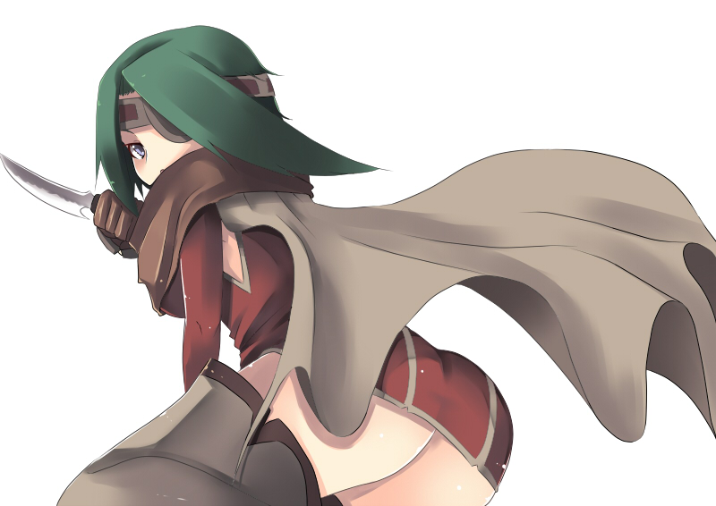 johnny funamushi, aisha bernadette, kanon (wild arms), kanon (wild arms 2), wild arms, wild arms 2, 1girl, ass, boots, cape, dagger, eyepatch, female focus, green hair, knife, looking back, short hair, simple background, skirt, solo, thigh boots, thighhighs, weapon, white background