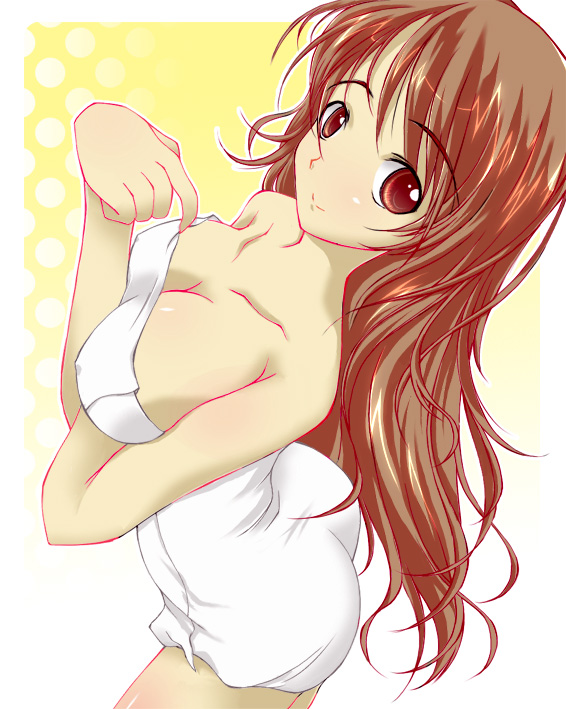 gakky, 1girl, ass, breasts, brown eyes, brown hair, cleavage, covered erect nipples, female focus, impossible towel, large breasts, long hair, naked towel, solo, towel