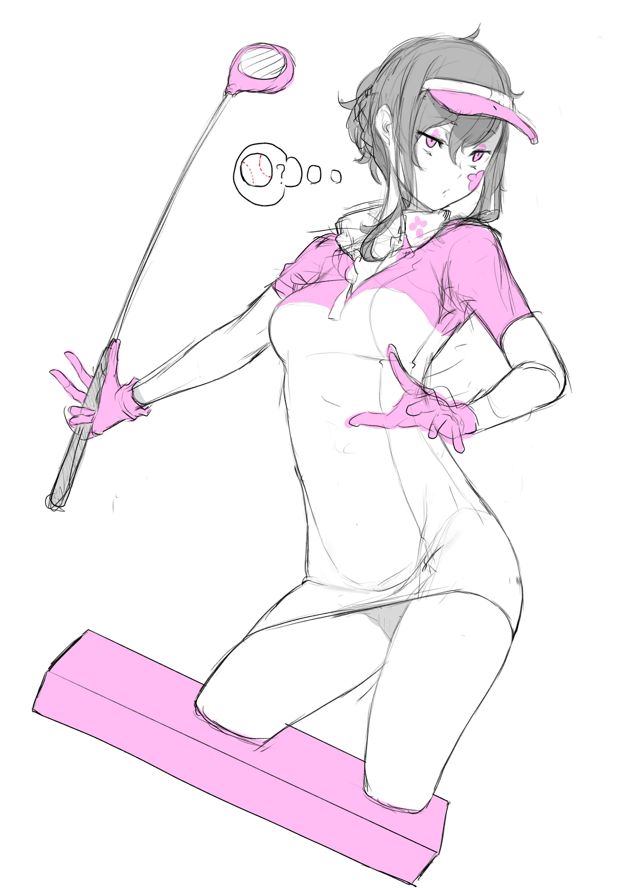 yasuda suzuhito, v lila f, yozakura quartet, absurdres, highres, 1girl, breasts, cropped legs, dress, facial mark, gloves, golf club, greyscale, holding, holding golf club, monochrome, pencil skirt, short hair, simple background, skirt, solo, spot color, visor cap, white background