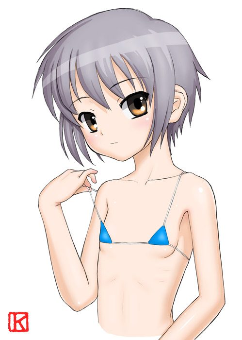 keny, nagato yuki, suzumiya haruhi no yuuutsu, silver hair, 00s, bikini, blue bikini, blush, brown eyes, flat chest, micro bikini, short hair, solo, swimsuit
