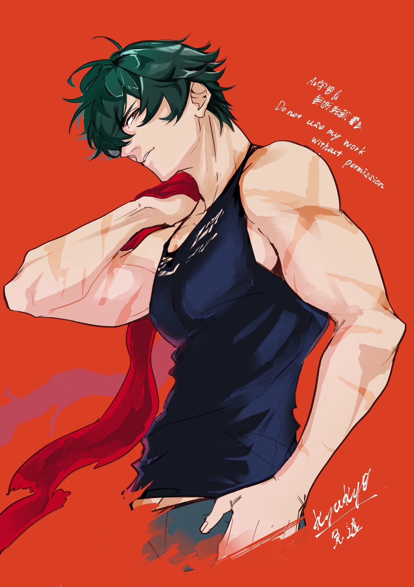 lighter (zenless zone zero), zenless zone zero, highres, 03 kyv, 1boy, bare shoulders, black shirt, green eyes, green hair, green pants, hair over eyes, hand on own shoulder, looking at viewer, multiple scars, muscular, pants, red background, red scarf, scar, scar on arm, scarf, shirt, signature, solo, torn clothes
