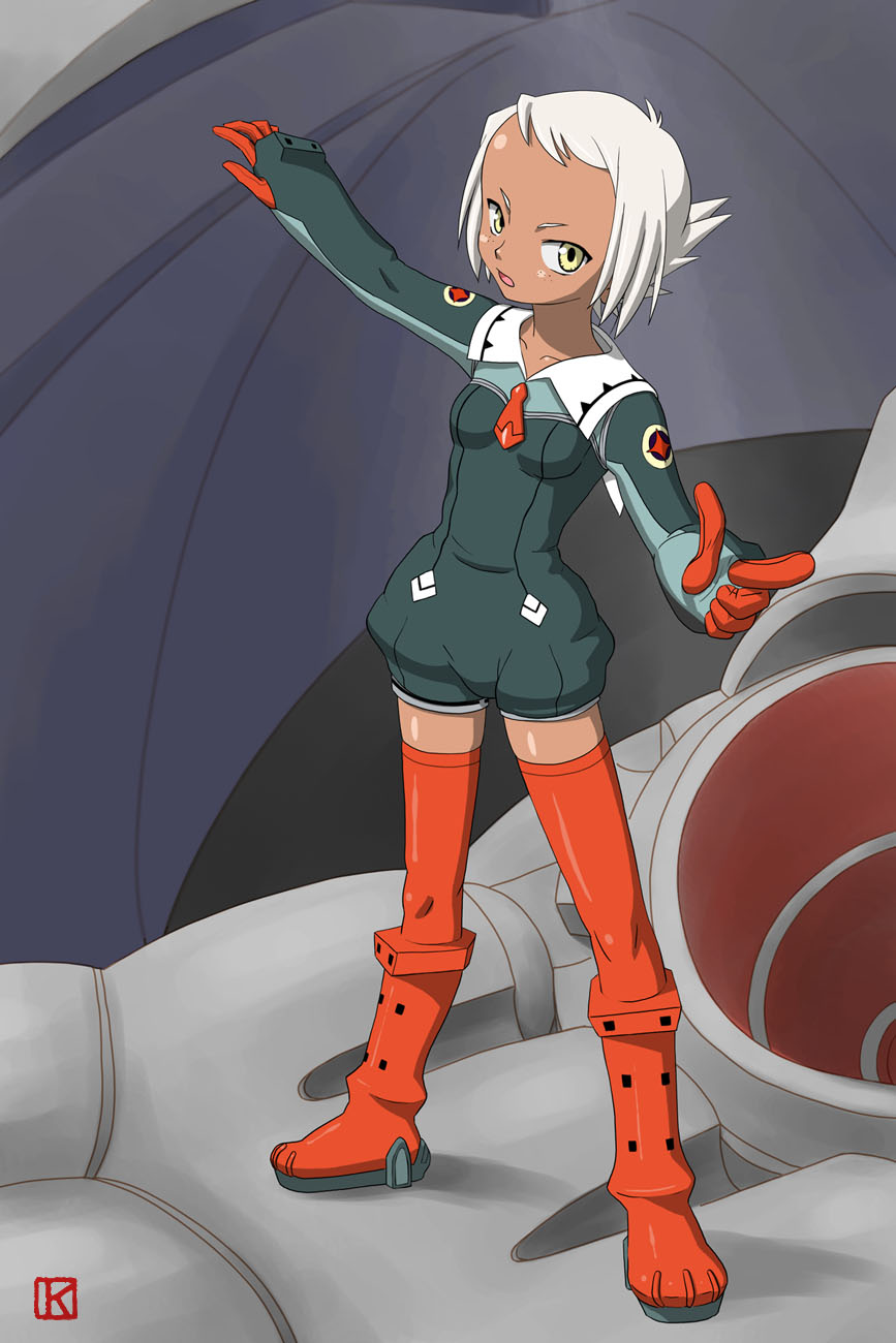 keny, lal'c mellk mal, top wo nerae! (series), top wo nerae 2!, red footwear, highres, 00s, 1girl, boots, dark-skinned female, dark skin, female focus, freckles, gloves, mecha, necktie, pointing, robot, romper, shoes, short hair, solo, standing, thigh boots, thighhighs, white hair, yellow eyes