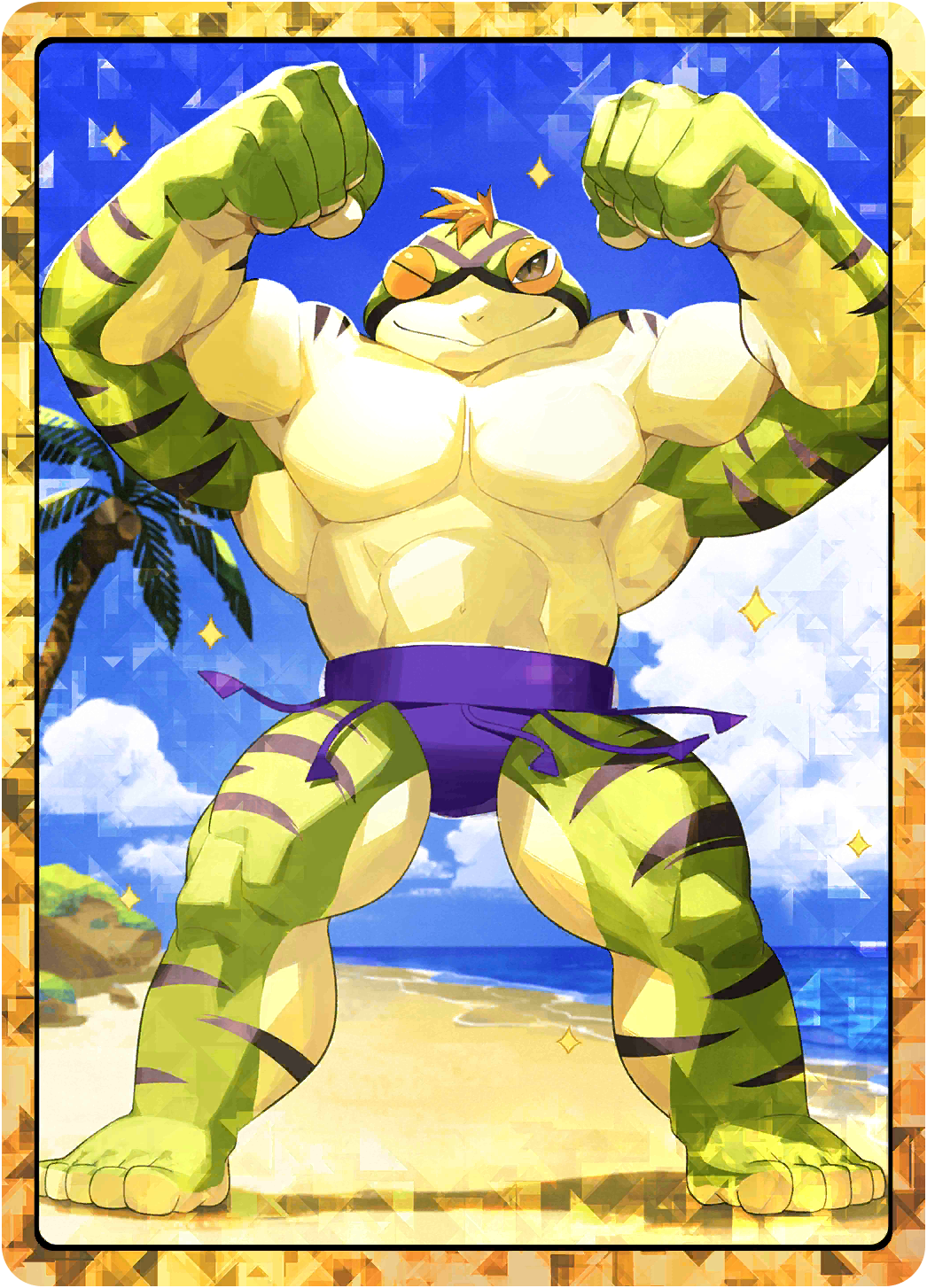 golem (monster farm), line: monster farm, monster farm, official art, beach, frog, frog rock (monster farm), muscular, one eye closed, sumo, wink