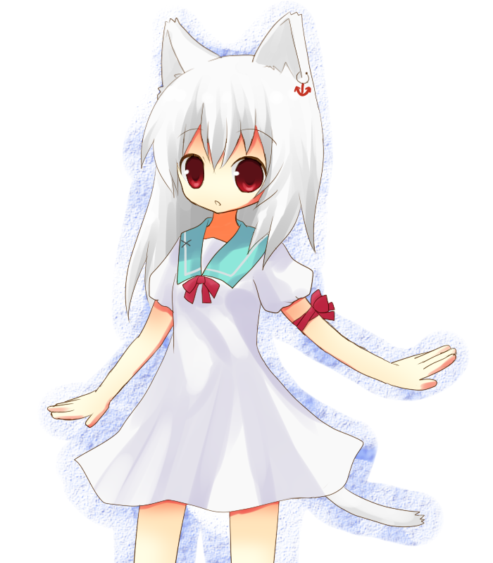 yuzuki (yuduame), bad id, bad pixiv id, 1girl, albino, animal ears, cat ears, cat tail, earrings, female focus, jewelry, no nose, red eyes, solo, tail, white hair