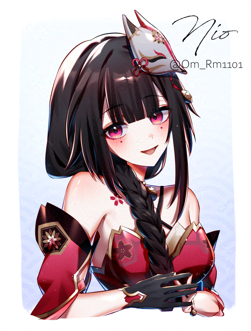 om rm1101, sparkle (honkai: star rail), honkai: star rail, honkai (series), 1girl, alternate costume, black gloves, black hair, blush, braid, breasts, chest tattoo, detached sleeves, fox mask, gloves, japanese clothes, kimono, long hair, long sleeves, mask, medium breasts, mole, mole under each eye, mole under eye, multiple moles, open mouth, red eyes, red kimono, signature, smile, solo, strapless, strapless kimono, tattoo, upper body, very long hair