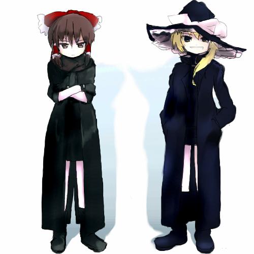 tsubasa (abchipika), hakurei reimu, kirisame marisa, ghost in the shell, touhou, lowres, 2girls, blonde hair, crossed arms, female focus, formal clothes, hat, multiple girls, parody, skirt, suit, witch, witch hat