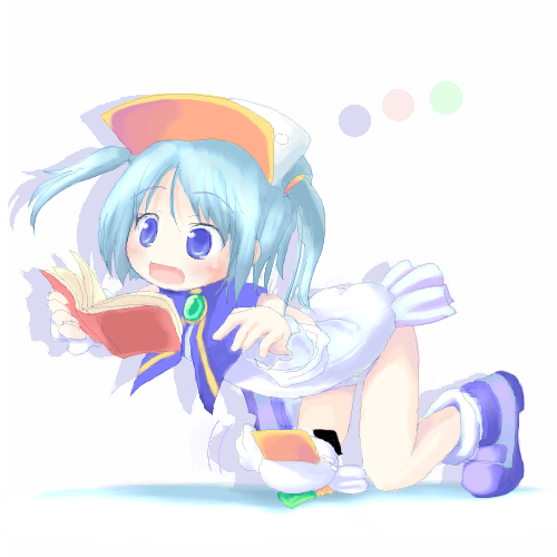 tsubasa (abchipika), ah-kun, pastel ink, moetan, lowres, 00s, 1girl, :o, bent over, blue eyes, blue hair, book, brooch, dress, female focus, full body, gem, holding, holding book, jewelry, kneeling, long sleeves, matching hair/eyes, open book, open mouth, reading, shoes, short hair, sidelocks, solo, twintails, visor cap, white dress
