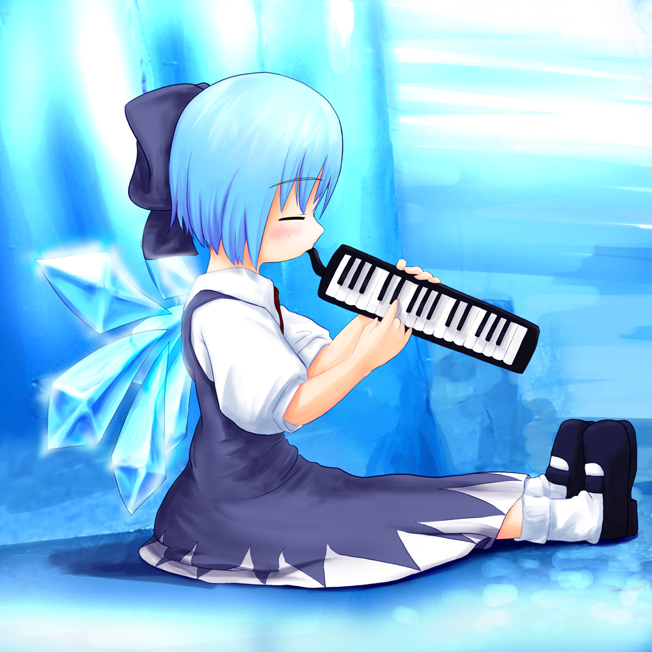 tsubasa (abchipika), cirno, touhou, highres, 1girl, blue hair, blush, bow, closed eyes, female focus, instrument, keyboard (instrument), melodica, ribbon, solo, wings