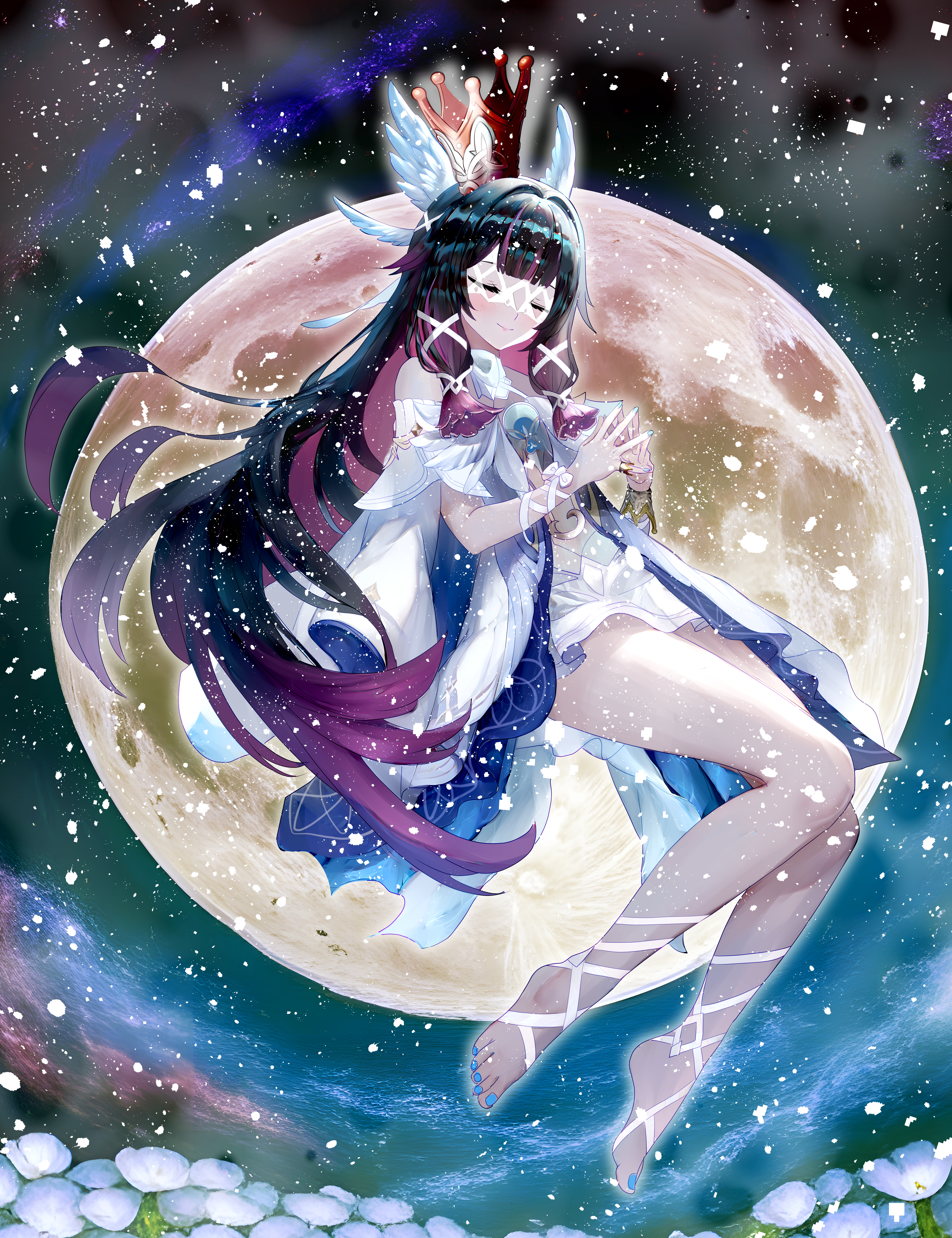 columbina (genshin impact), genshin impact, artist request, highres, huge filesize, 1girl, bare shoulders, barefoot, black hair, blunt bangs, breasts, closed eyes, colored inner hair, crown, detached sleeves, dress, eye mask, eyelashes, feet, female focus, field, fingernails, floating, flower, flower field, full body, full moon, hair flaps, hair ornament, halterneck, invisible chair, knees, legs, light blush, light smile, long hair, moon, multicolored hair, multiple wings, nail polish, own hands together, pink hair, ribbon, short dress, short sleeves, sidelocks, sitting, sky, small breasts, star (sky), starry sky, toenail polish, toenails, toes, two-tone hair, very long hair, white dress, wing hair ornament, wings, wrist ribbon, x hair ornament
