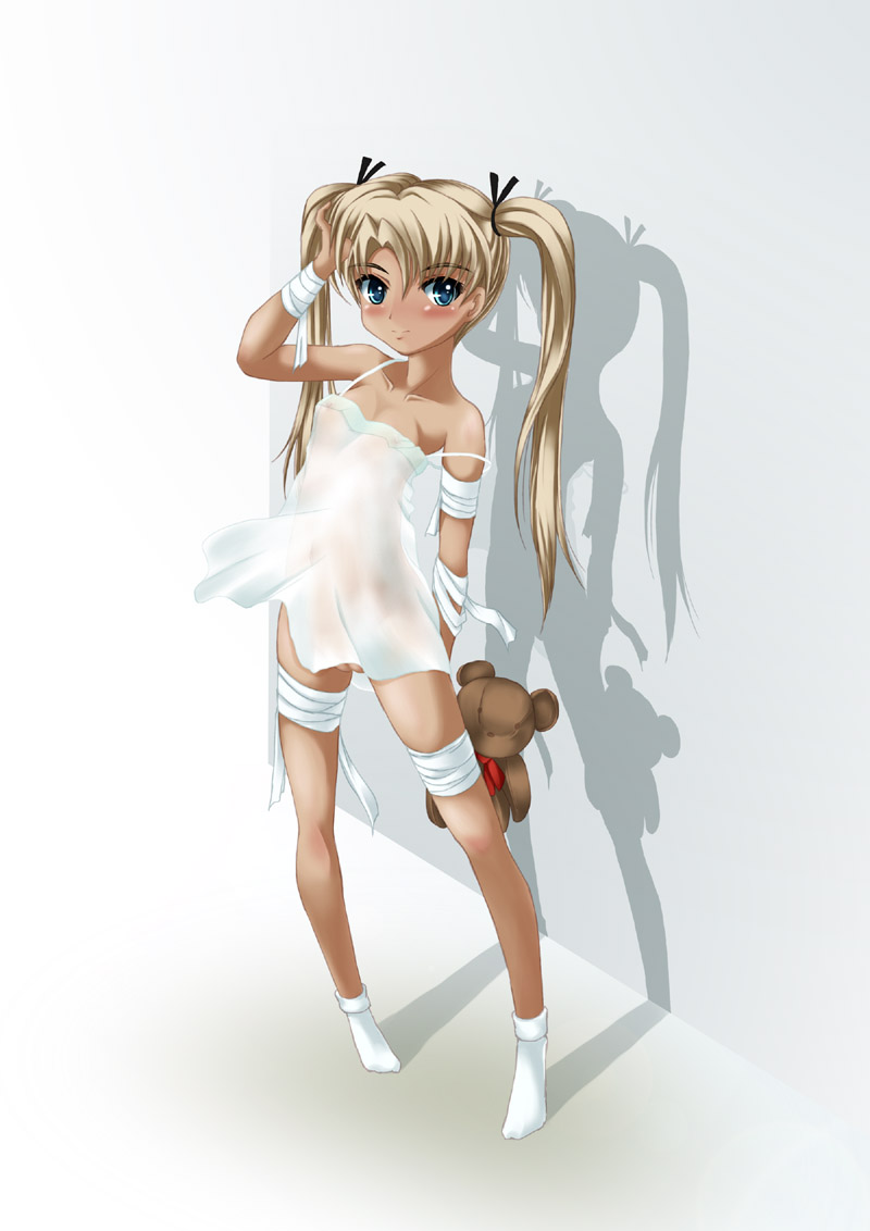kurogane (majesticrune), triela, gunslinger girl, bad id, bad pixiv id, 00s, 1girl, babydoll, bandages, blonde hair, dark-skinned female, dark skin, female focus, loli, long hair, no panties, pussy, ribbon, see-through clothes, socks, solo, stuffed animal, stuffed toy, teddy bear, twintails