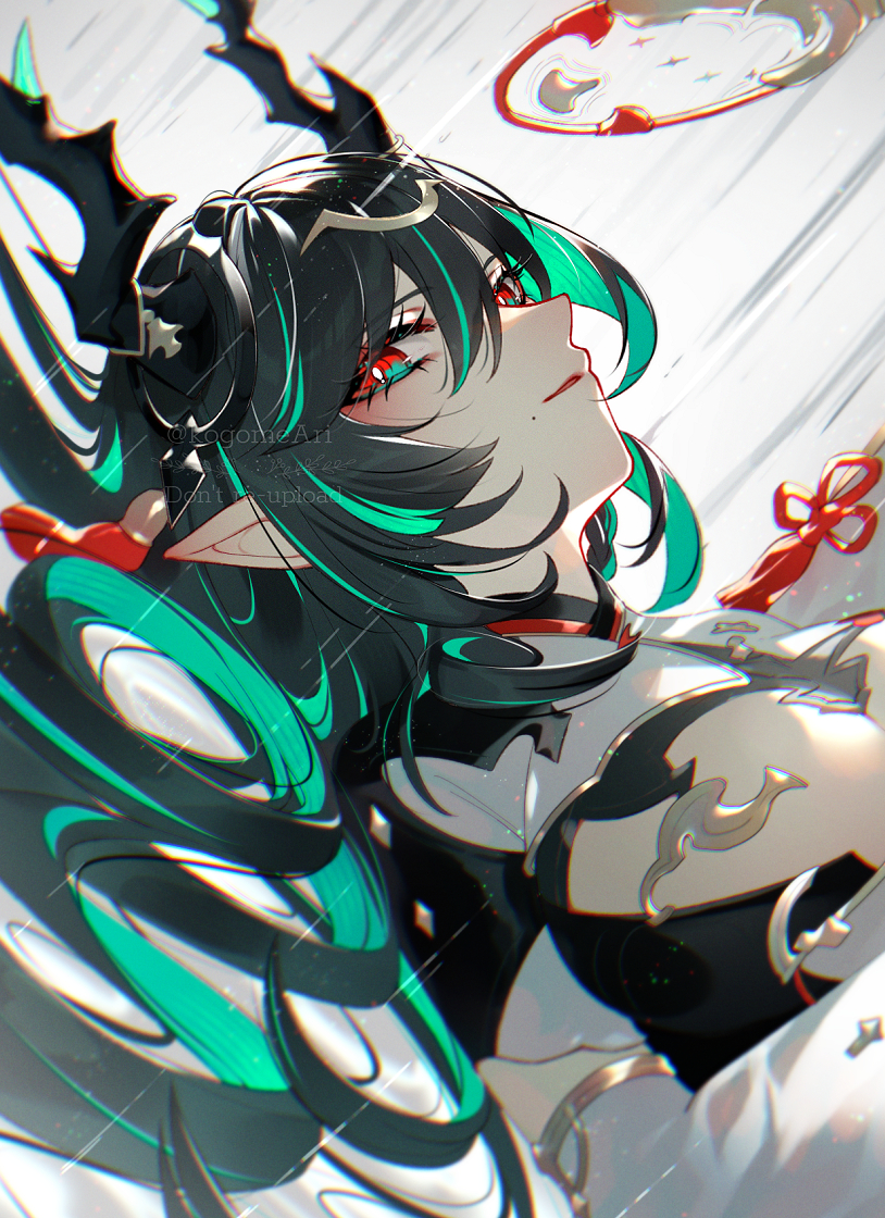 kogome (azalea4), payila (granblue fantasy), granblue fantasy, 1girl, black hair, breasts, colored inner hair, dragon girl, dragon horns, draph, green hair, hair ornament, horns, large breasts, long hair, looking at viewer, mole, mole under mouth, multicolored eyes, multicolored hair, pointy ears, red eyes, solo, tassel, two-tone eyes