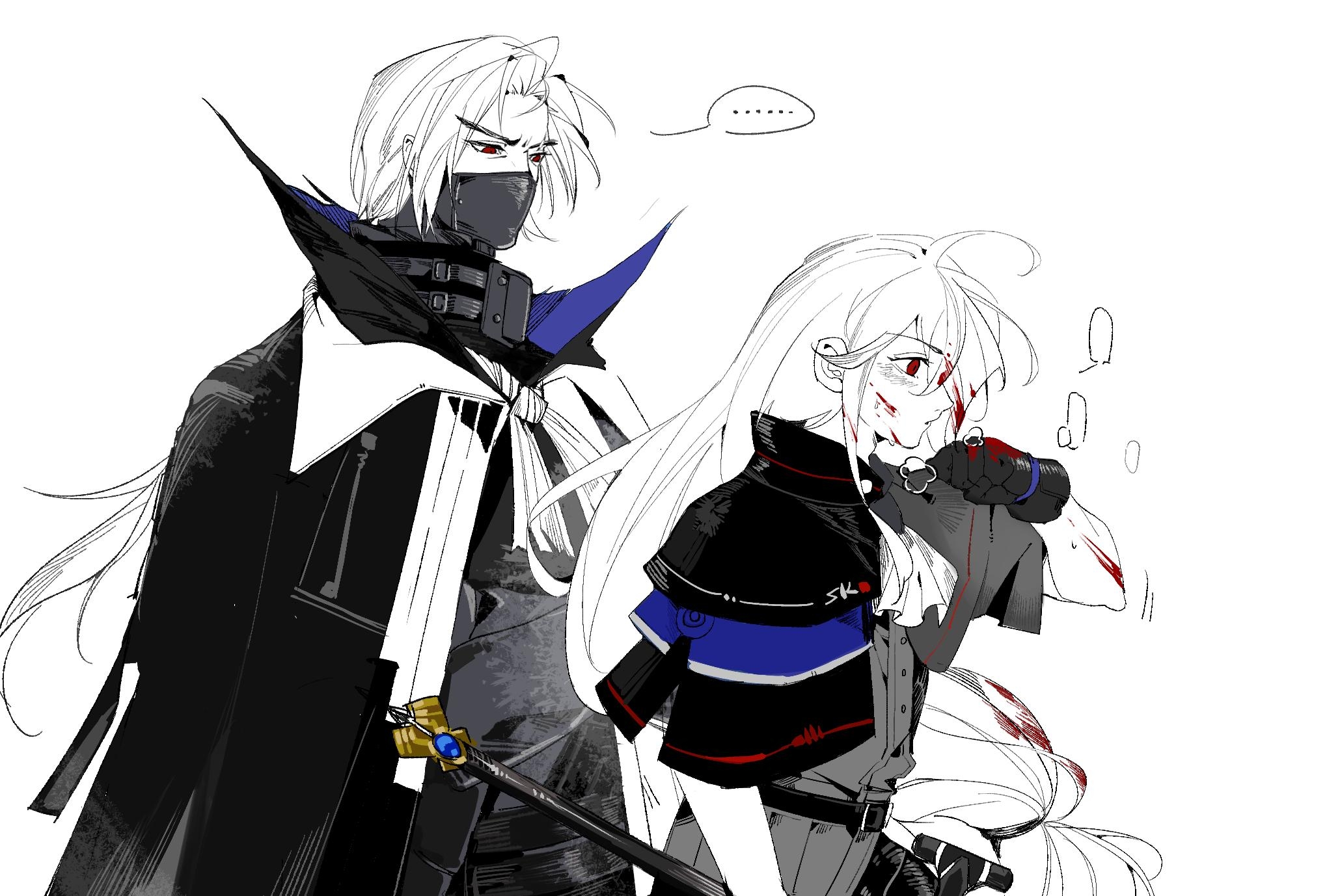 skadi (arknights), ulpianus (arknights), arknights, chinese commentary, commentary request, highres, …, 1boy, 1girl, ascot, blood, blood in hair, blood on face, blood on gloves, buttons, capelet, cloak, covered mouth, gloves, hand up, long hair, looking at another, mask, mouth mask, ninja mask, parted lips, partially colored, profile, red eyes, simple background, spoken ellipsis, white background, wo zai zhu shi ni