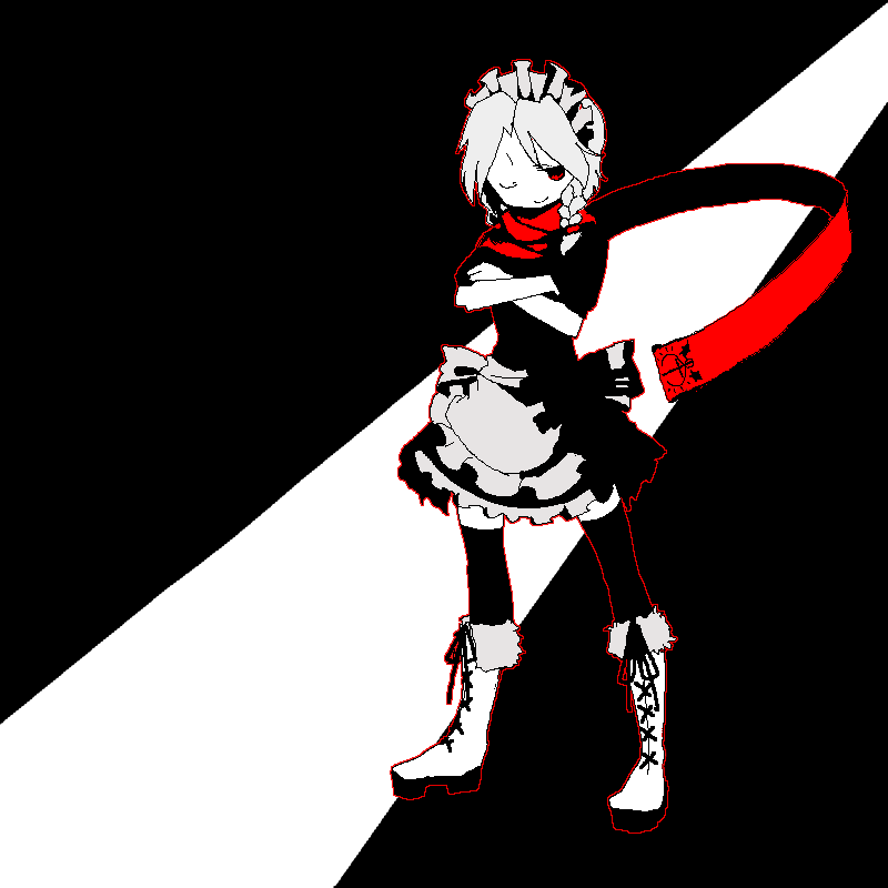 suzuki ritsu, izayoi sakuya, perfect cherry blossom, touhou, 1girl, female focus, full body, maid, monochrome, red eyes, scarf, solo, spot color, thighhighs