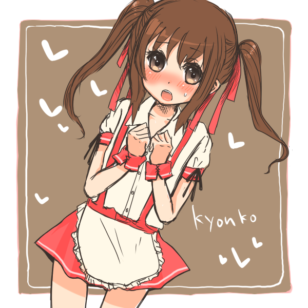 orange coffee, kyonko, suzumiya haruhi no yuuutsu, bad id, bad pixiv id, gender request, 00s, 1girl, blush, brown eyes, brown hair, embarrassed, female focus, genderswap, long hair, solo, twintails, waitress, waitress uniform