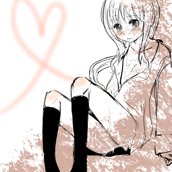 orange coffee, kyonko, suzumiya haruhi no yuuutsu, bad id, bad pixiv id, gender request, 00s, 1girl, blush, bukkake, cum, female focus, genderswap, long hair, monochrome, open clothes, open shirt, shirt, socks, solo