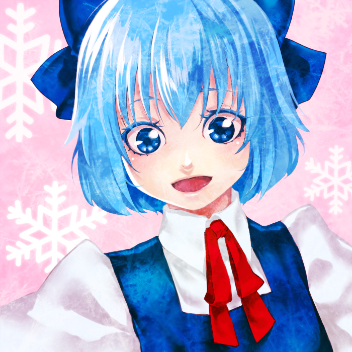 tamachi kuwa, cirno, touhou, 1girl, blouse, blue eyes, blue hair, bow, collared shirt, colored eyelashes, eyebrows hidden by hair, female focus, pink background, ribbon, shirt, smile, solo, white shirt