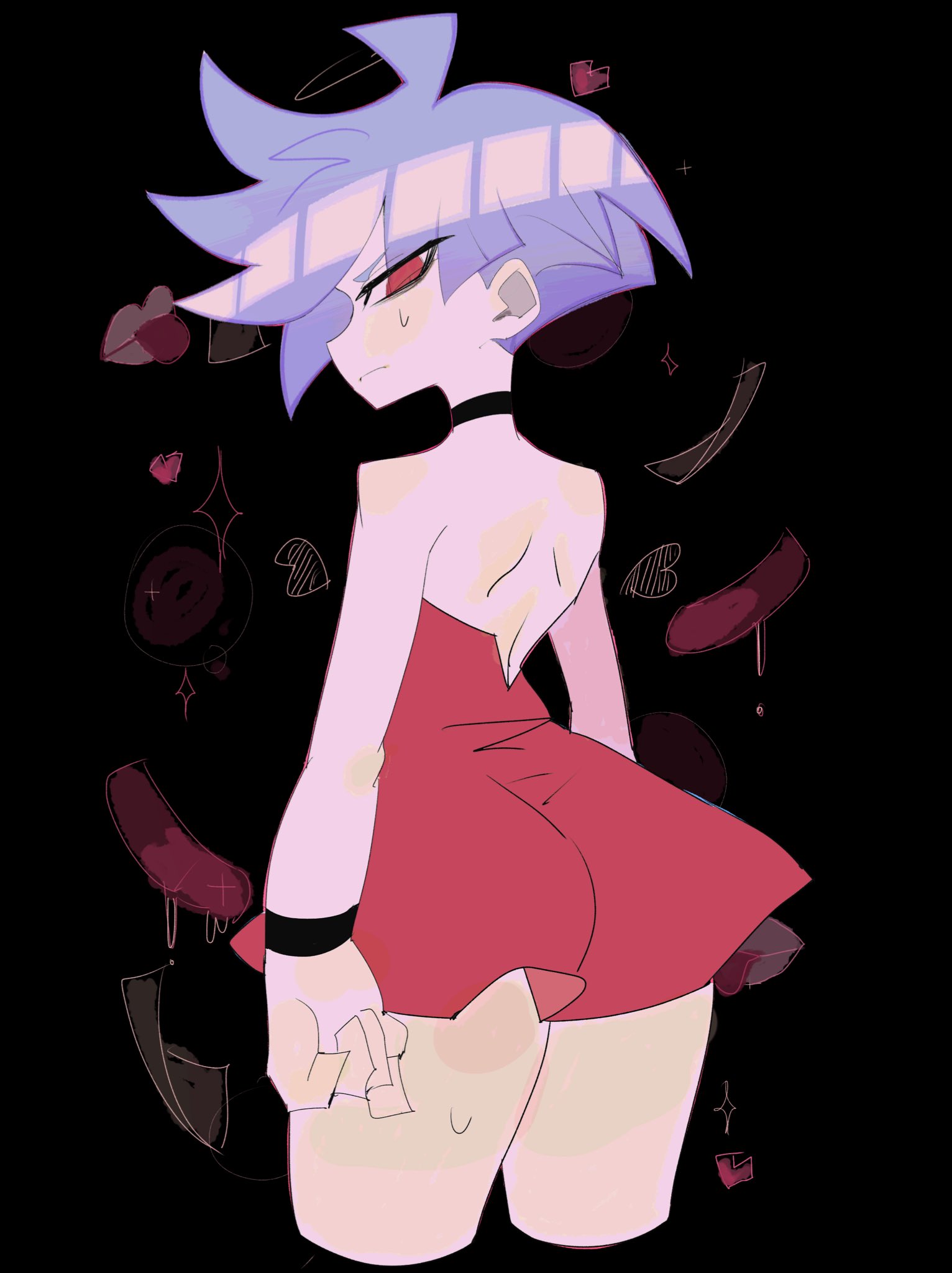 usa37107692, panty (psg), polyester (psg), panty & stocking with garterbelt, highres, 1boy, bracelet, cosplay, crossdressing, crossdressing (mtf), dress, girly boy, hair over one eye, jewelry, looking at viewer, male focus, panty (psg) (cosplay), red dress, red eyes, short hair, simple background, solo