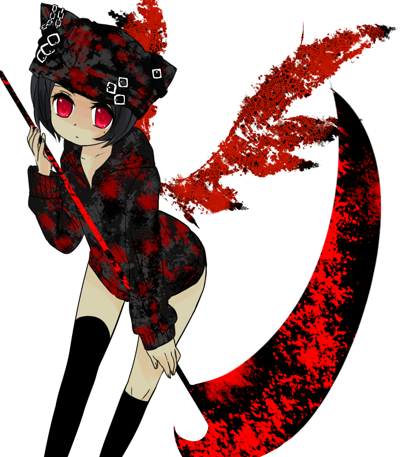 orange coffee, bad id, bad pixiv id, black hair, hat, red eyes, scythe, short hair, solo, thighhighs, wings