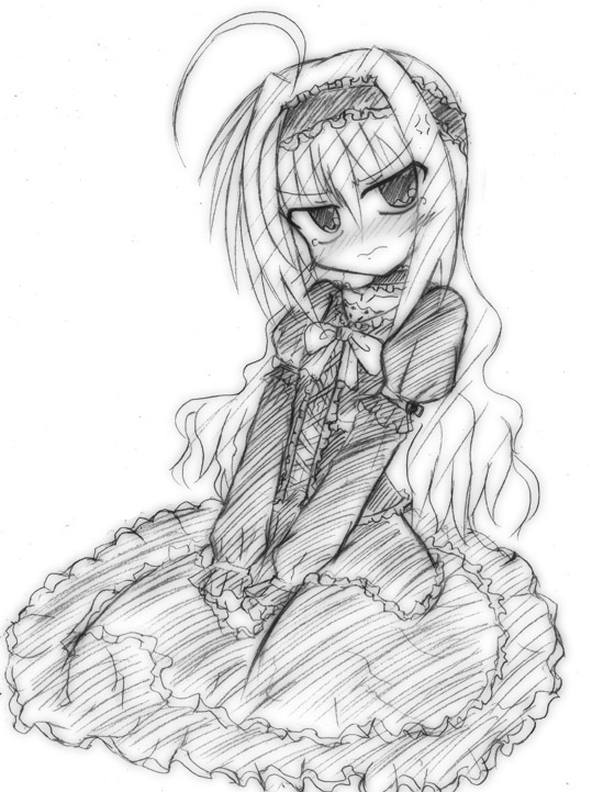 alexi (tits!), vita (nanoha), lyrical nanoha, mahou shoujo lyrical nanoha, mahou shoujo lyrical nanoha strikers, 00s, 1girl, ahoge, blush, child, dress, female focus, greyscale, hairband, monochrome, sketch, solo, tears