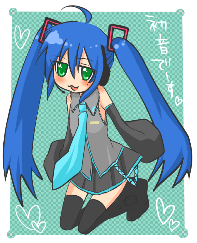 orange coffee, hatsune miku, izumi konata, lucky star, vocaloid, bad id, bad pixiv id, 1girl, ahoge, blue hair, blush, cosplay, detached sleeves, female focus, green eyes, hatsune miku (cosplay), kneeling, long hair, mole, mole under eye, necktie, solo, thighhighs, twintails