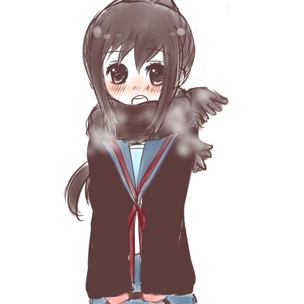 orange coffee, kyonko, suzumiya haruhi no yuuutsu, bad id, bad pixiv id, 00s, 1girl, blush, breath, brown hair, cardigan, cold, female focus, genderswap, genderswap (mtf), long hair, ponytail, scarf, school uniform, serafuku, solo