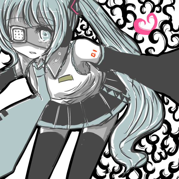 orange coffee, hatsune miku, vocaloid, bad id, bad pixiv id, detached sleeves, eyepatch, long hair, necktie, solo, tears, thighhighs
