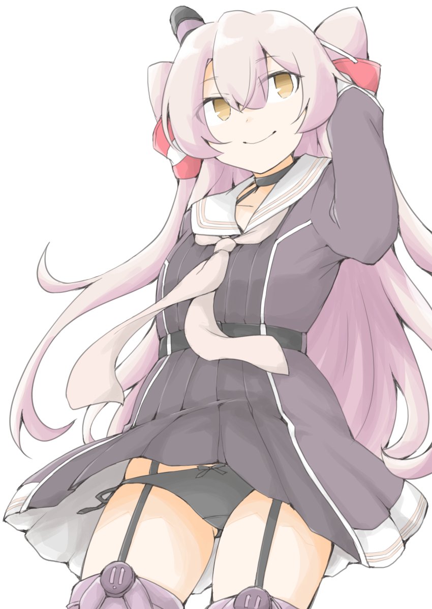 akara kai, amatsukaze (kancolle), amatsukaze kai ni (kancolle), kantai collection, highres, 1girl, black dress, black panties, blush, brown eyes, dress, garter straps, grey hair, hair tubes, long hair, long sleeves, looking at viewer, neckerchief, panties, sailor collar, sailor dress, smokestack hair ornament, solo, thighhighs, two side up, underwear, white background, white sailor collar