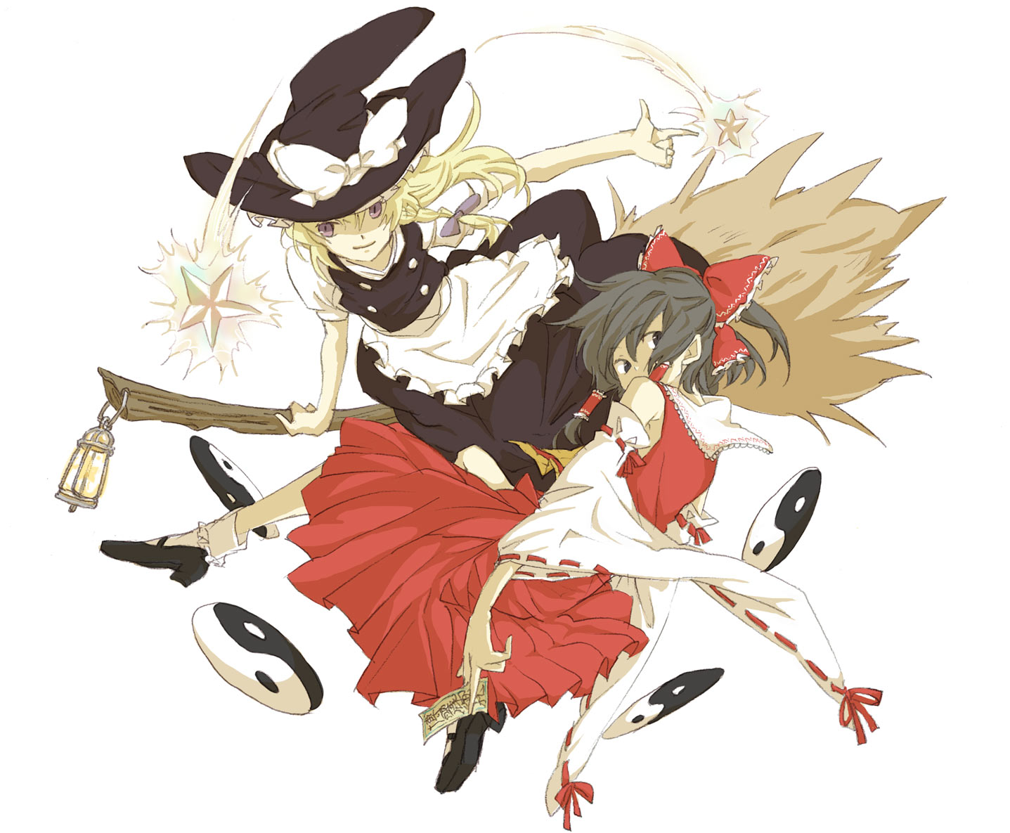 sugi, hakurei reimu, kirisame marisa, touhou, bad id, bad pixiv id, 2girls, black hair, blonde hair, broom, broom riding, female focus, hat, japanese clothes, miko, multiple girls, witch, witch hat