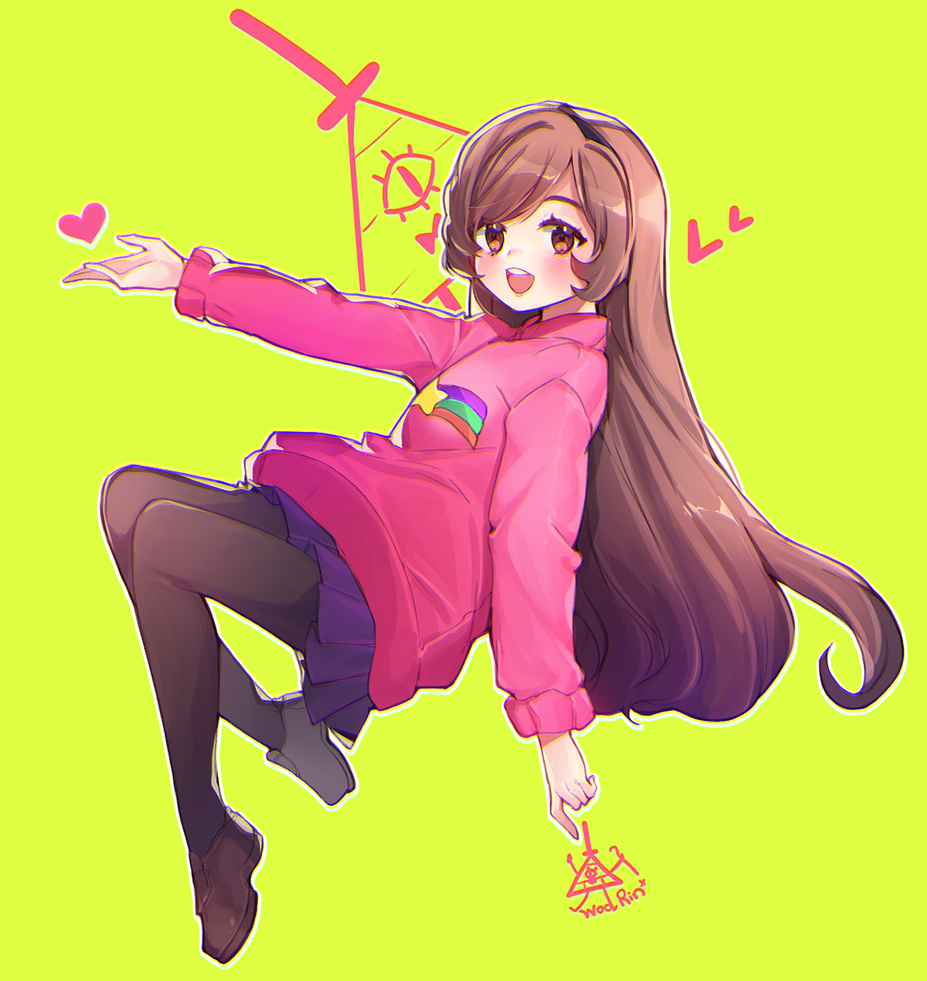 woorin, bill cipher, mabel pines, gravity falls, highres, 1girl, :d, artist name, black pantyhose, brown eyes, brown hair, brown shoes, heart, loafers, long hair, long sleeves, open mouth, pantyhose, pink sweater, purple skirt, shoes, simple background, skirt, smile, solo, sweater, yellow background