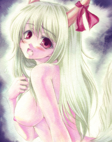 sugai, ex-keine, kamishirasawa keine, touhou, traditional media, 1girl, blush, breasts, completely nude, fang, female focus, green hair, horn ornament, horn ribbon, horns, nipples, nude, ribbon, solo, tail