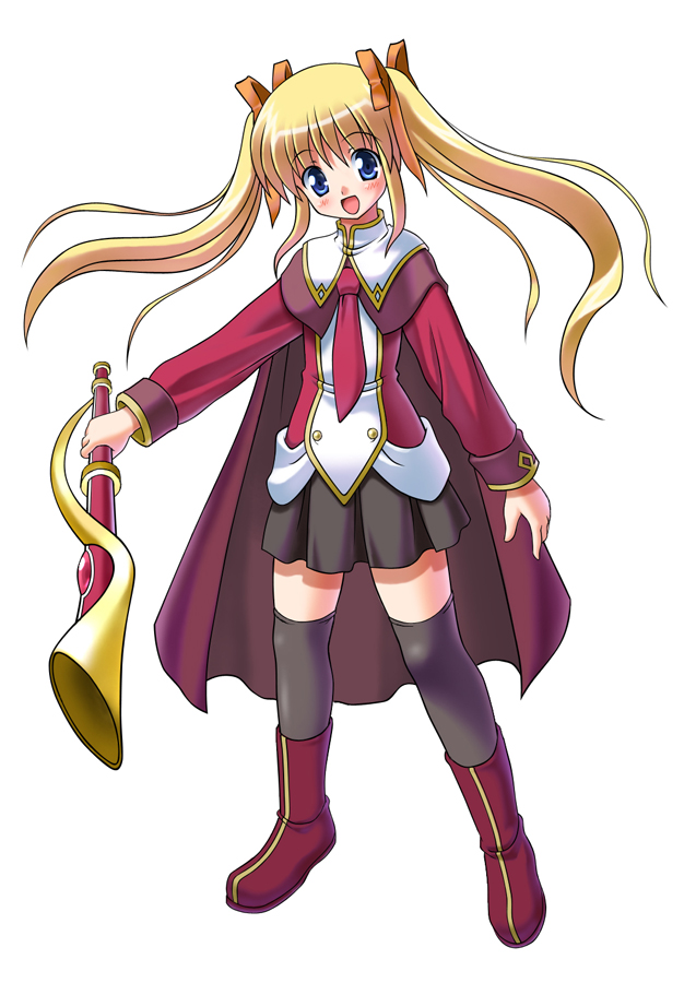 mikage01, hiiragi anri, happiness!, bad id, bad pixiv id, 00s, 1girl, blonde hair, blue eyes, blush, boots, cape, female focus, miniskirt, necktie, ribbon, school uniform, serafuku, simple background, skirt, solo, thighhighs, twintails, wand, zettai ryouiki