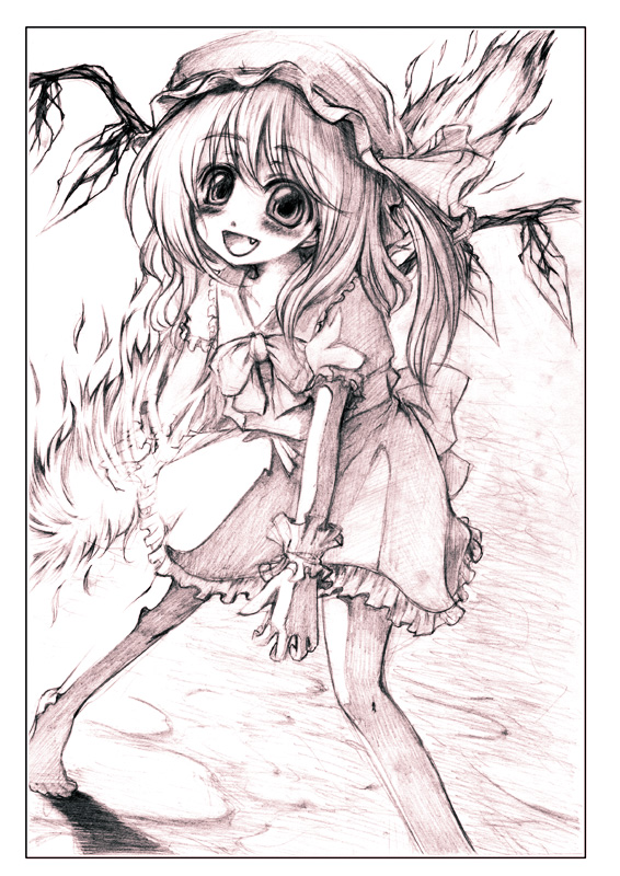 sugai, flandre scarlet, touhou, graphite (medium), traditional media, 1girl, :d, barefoot, blush, fang, female focus, fire, hat, mob cap, monochrome, open mouth, side ponytail, smile, solo, tiptoes, wings