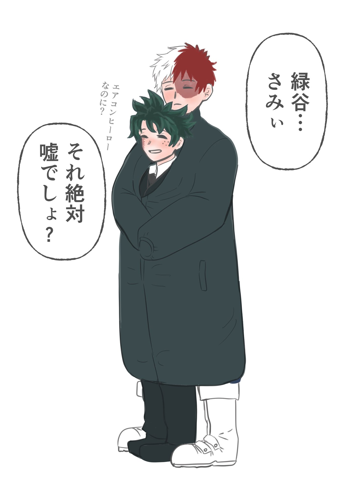sar, midoriya izuku, todoroki shoto, boku no hero academia, blush, coat, freckles, green hair, red hair, riku ff, smile, tododeku, white hair, yaoi