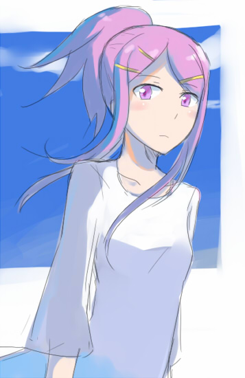 riru, anemone (eureka seven), eureka seven, eureka seven (series), 00s, 1girl, alternate hairstyle, female focus, hair ornament, hairclip, pink eyes, pink hair, ponytail, sky, solo