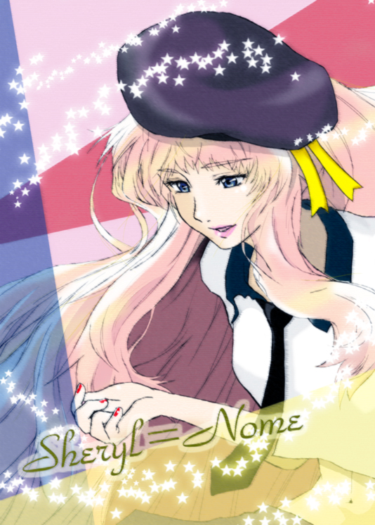 sheryl nome, macross, macross frontier, 00s, beret, blonde hair, blue eyes, hat, necktie, solo