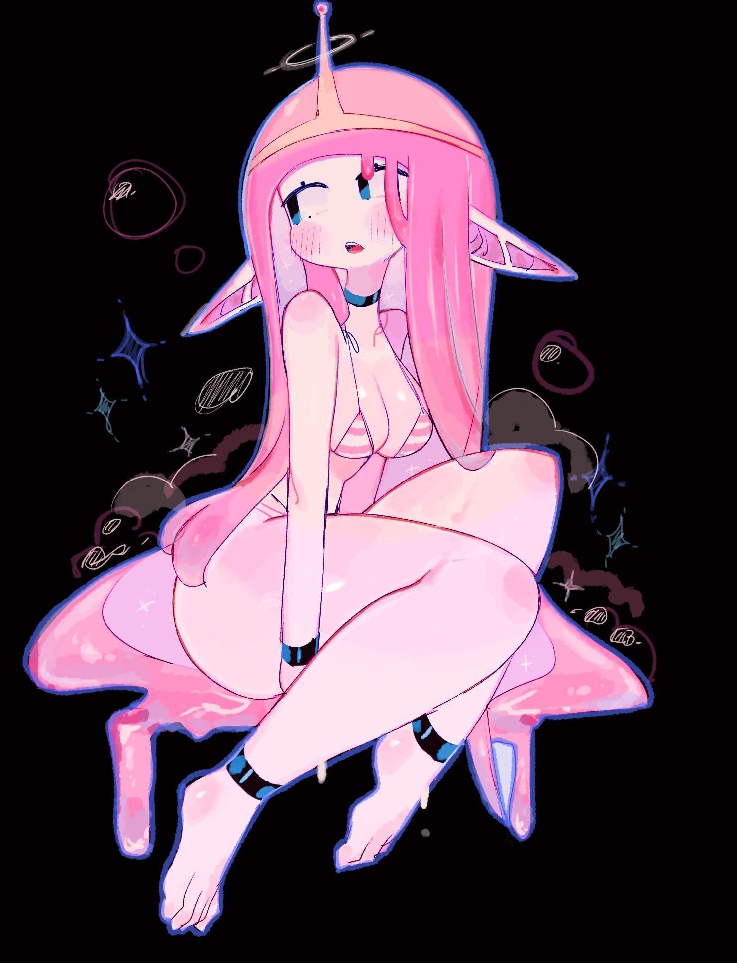 usa37107692, princess bonnibel bubblegum, snail (adventure time), adventure time, highres, 1girl, ankle strap, arm strap, barefoot, bikini, black background, black choker, blue eyes, blunt bangs, blush, breasts, choker, collarbone, colored skin, crown, full body, large breasts, long hair, long pointy ears, looking to the side, open mouth, pink hair, pink skin, pointy ears, sitting, solo, straight hair, striped bikini, striped clothes, swimsuit, teeth, upper teeth only, very long hair