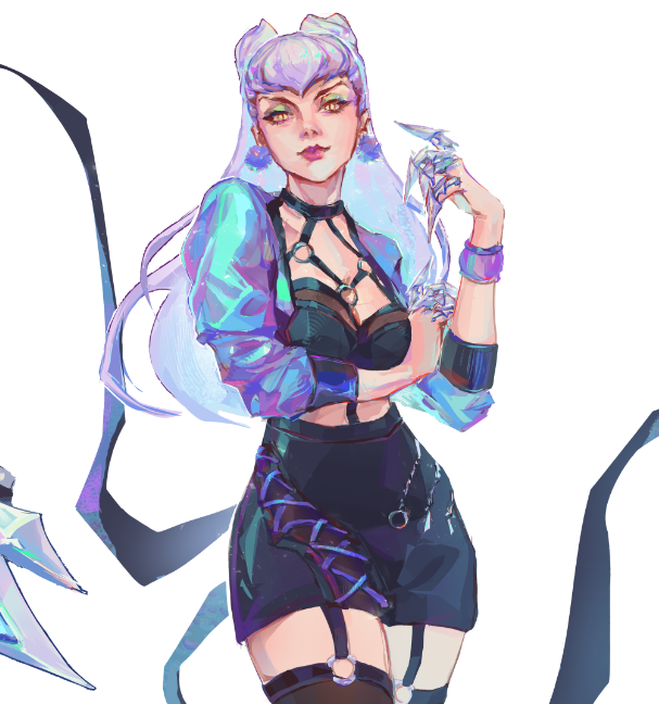 evelynn (league of legends), k/da (league of legends), k/da all out evelynn, league of legends, 1girl, black skirt, breasts, cropped jacket, demon girl, jacket, jeunny, long hair, looking at viewer, medium breasts, open clothes, open jacket, skirt, solo, white hair, yellow eyes