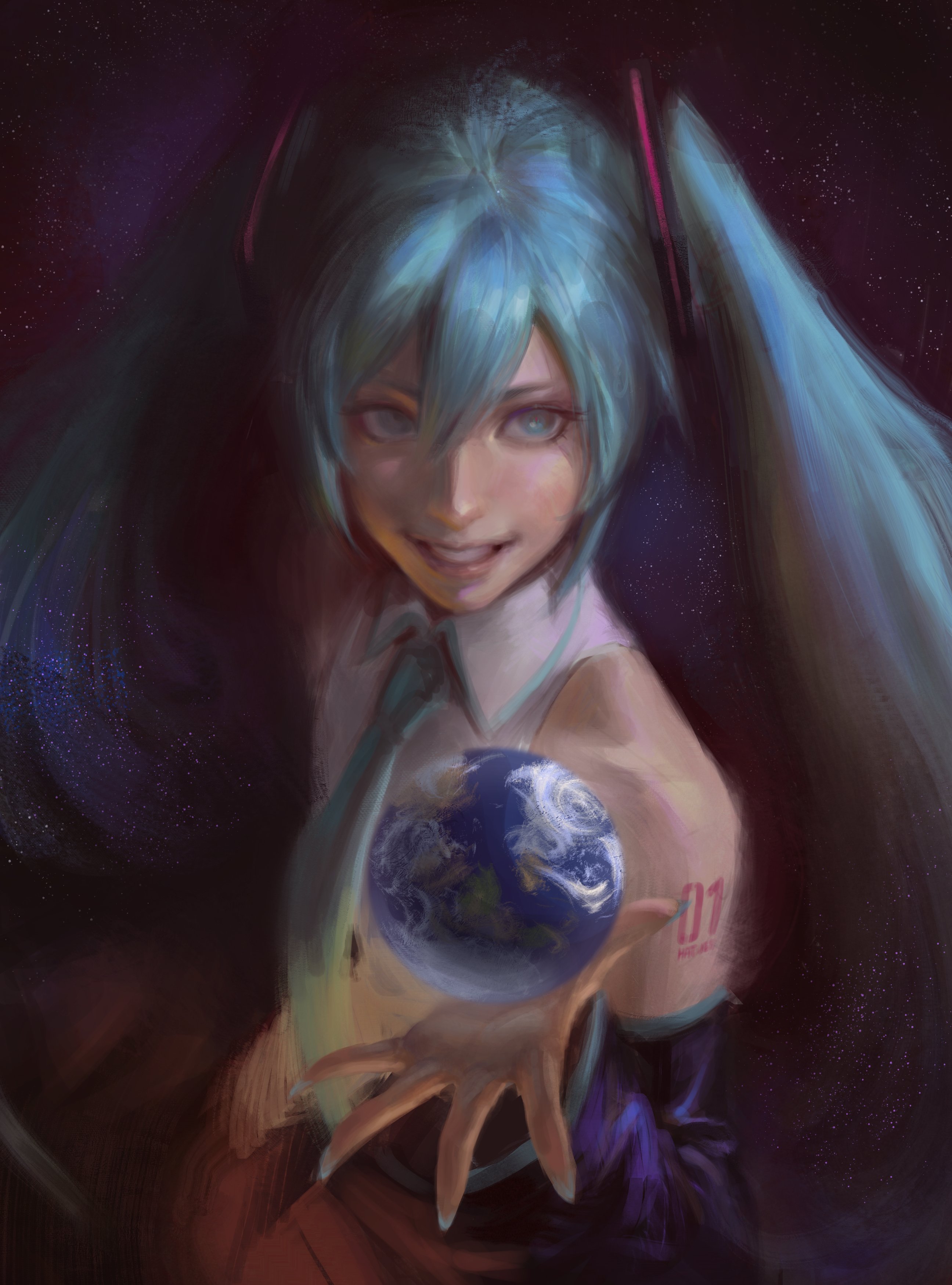 yc yorkchow, hatsune miku, vocaloid, absurdres, commentary, english commentary, highres, 1girl, aqua eyes, aqua hair, aqua nails, aqua necktie, arm tattoo, black sleeves, detached sleeves, earth (planet), giant, giantess, grey shirt, grin, looking at viewer, necktie, outstretched hand, painterly, planet, shirt, sky, sleeveless, sleeveless shirt, smile, solo, space, spread fingers, star (sky), starry sky, tattoo, twintails, wing collar