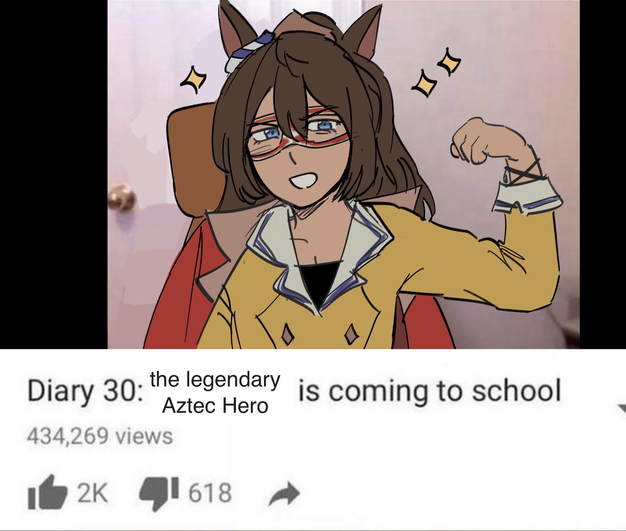 el condor pasa (umamusume), umamusume, youtube, commentary, english commentary, highres, photo-referenced, 1girl, animal ears, arm out of sleeve, biceps, blue eyes, breasts, brown hair, buttons, chair, cleavage, coat, collarbone, collared coat, collared shirt, dax flame, diary 30: superman is coming to school (meme), door, double-breasted, double-parted bangs, ear ornament, english text, fake screenshot, fake video, flexing, grin, hair between eyes, hand up, happy, horse ears, horse girl, long bangs, long hair, long sleeves, looking at viewer, luchador mask, mask, meme, on chair, parody, photo background, red coat, shirt, sitting, sleeve cuffs, smile, solo, sparkle, takishuffle, upper body, yellow shirt