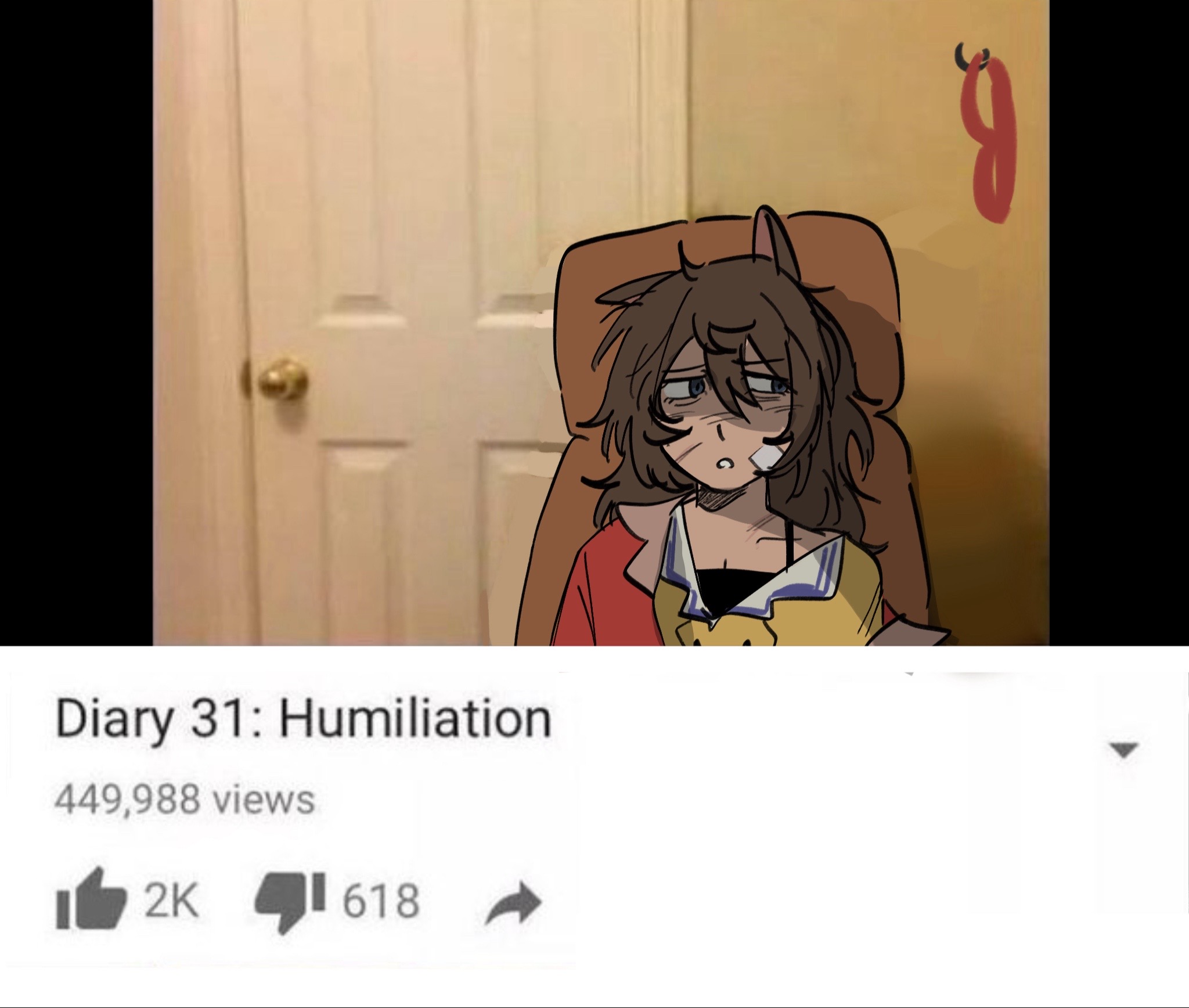 el condor pasa (umamusume), umamusume, youtube, commentary, english commentary, highres, photo-referenced, 1girl, animal ears, arm out of sleeve, blue eyes, breasts, brown hair, buttons, chair, cleavage, coat, collarbone, collared coat, collared shirt, dax flame, diary 30: superman is coming to school (meme), door, double-breasted, double-parted bangs, english text, exhausted, facing viewer, fake screenshot, fake video, gauze, gauze on cheek, hair between eyes, horse ears, horse girl, long bangs, long hair, looking to the side, luchador mask, mask, meme, messy hair, on chair, parody, photo background, red coat, sad, shirt, sideways glance, single ear down, single floppy ear, sitting, solo, takishuffle, unworn mask, upper body, yellow shirt
